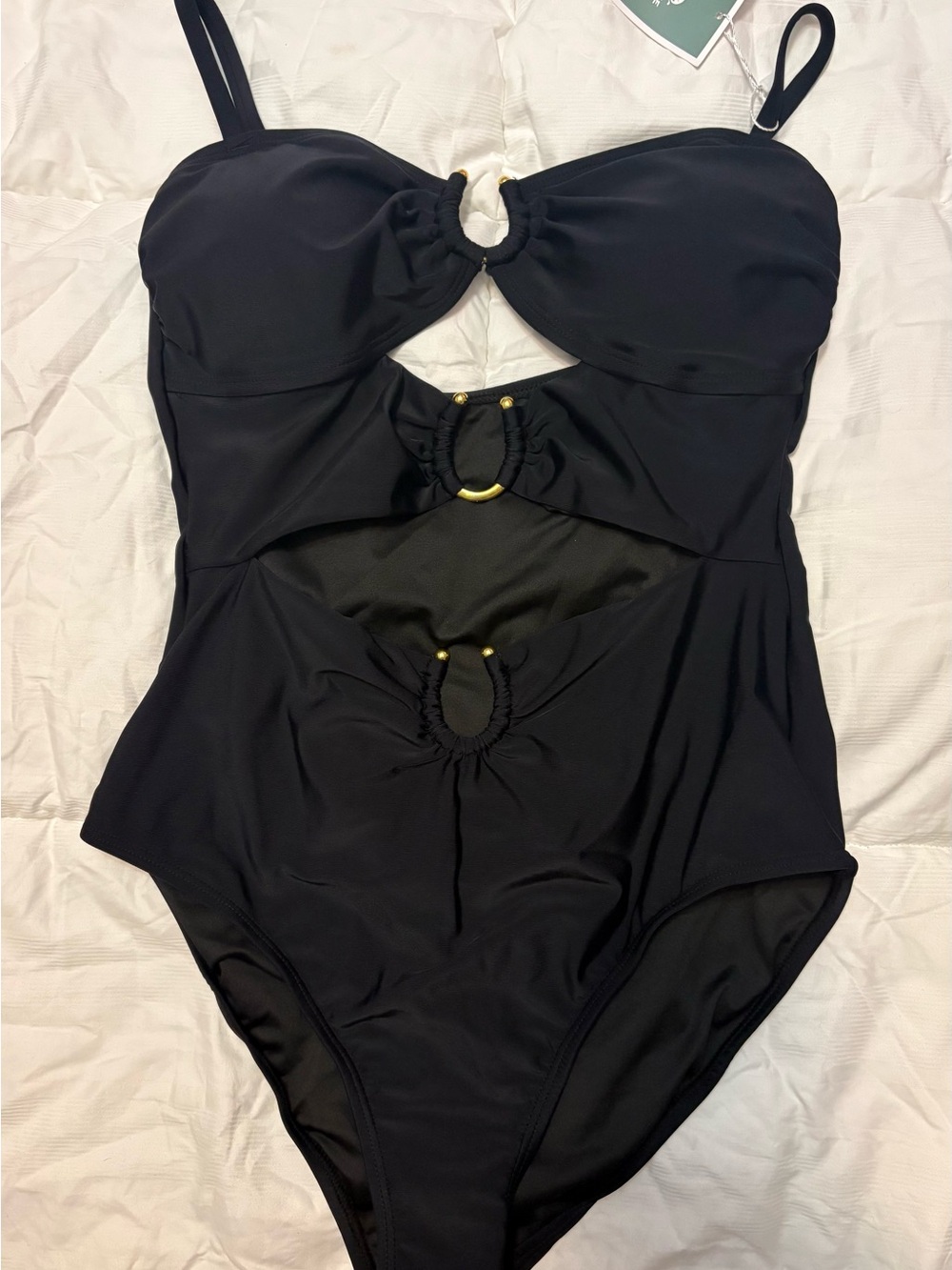 Black One-Piece Cutout Swimsuit with Gold Ring Accents